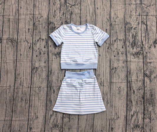 NO MOQ Preorder GSD4162 Light Blue Stripe Short Sleeve Skirts Yoga Girls Sets 202605