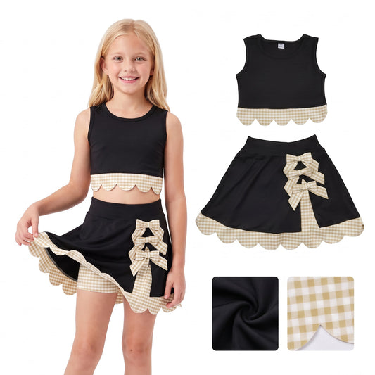 RTS GSD4175 toddler clothes bows black print girl summer yoga set sports clothing set skirt set