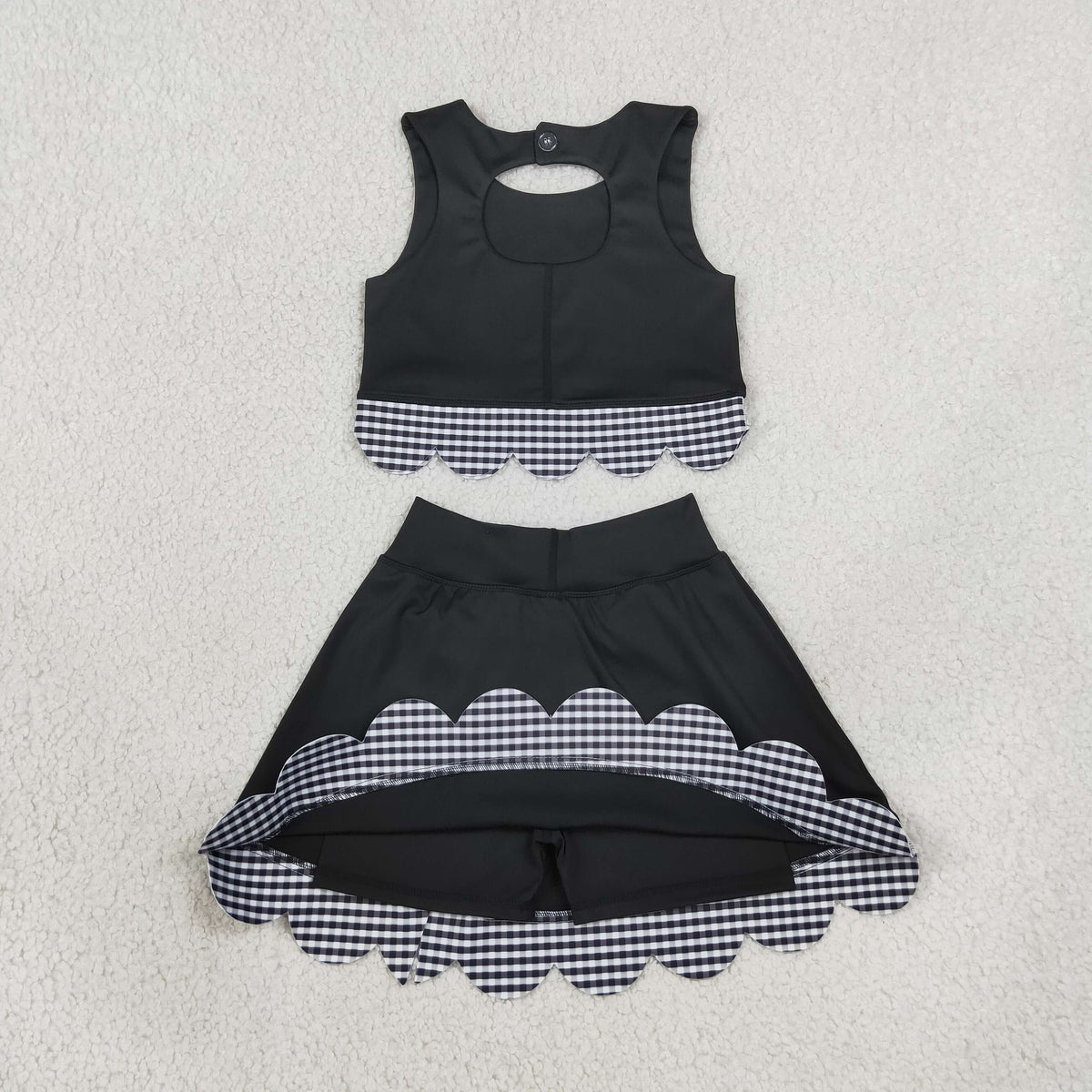 GSD4176 Black Plaid Bows Scalloped Wave Ruffle Sleeveless Skirts Yoga Girls Sets 202608 RTS