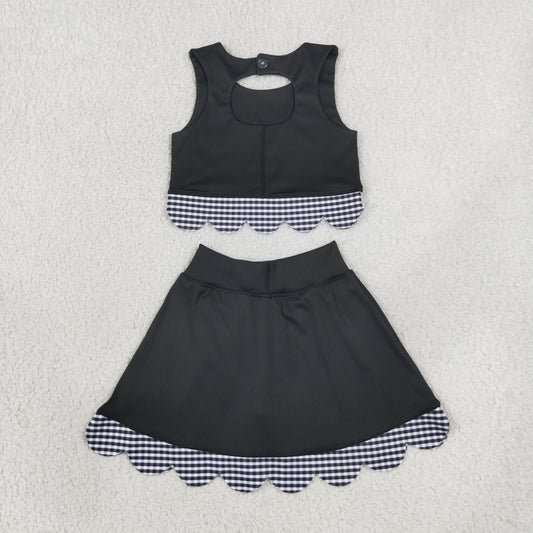 GSD4176 Black Plaid Bows Scalloped Wave Ruffle Sleeveless Skirts Yoga Girls Sets 202608 RTS