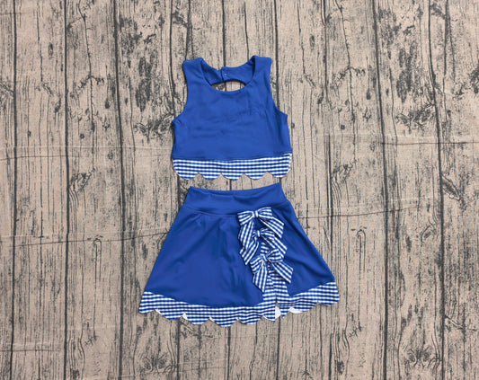 NO MOQ Preorder GSD4177 Blue Plaid Bows Scalloped Wave Ruffle Sleeveless Skirts Yoga Girls Sets 202605