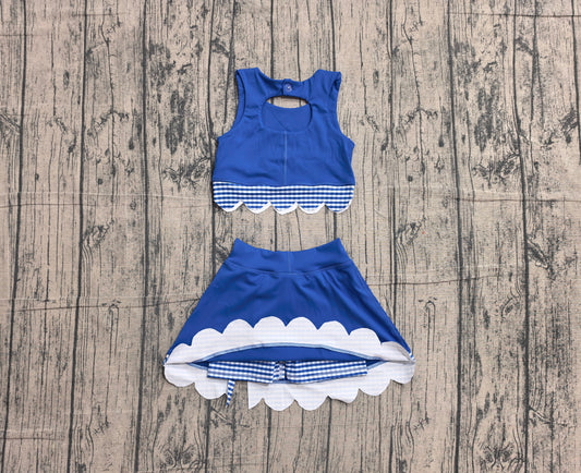 NO MOQ Preorder GSD4177 Blue Plaid Bows Scalloped Wave Ruffle Sleeveless Skirts Yoga Girls Sets 202605