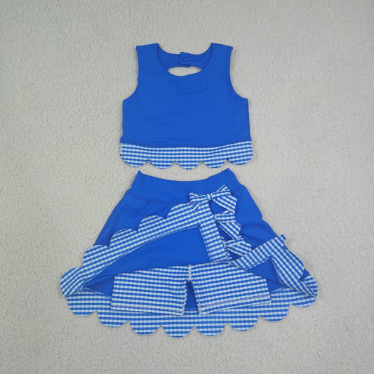 GSD4177 Blue Plaid Bows Scalloped Wave Ruffle Sleeveless Skirts Yoga Girls Sets 202607 RTS