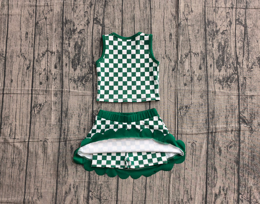 NO MOQ Preorder GSD4178 Green Plaid Scalloped Wave Ruffle Sleeveless Skirts Yoga Girls Sets 202605