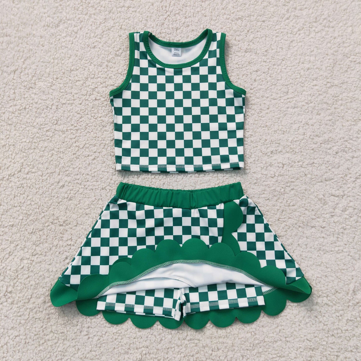 GSD4178 Green Plaid Scalloped Wave Ruffle Sleeveless Skirts Yoga Girls Sets 202607 RTS