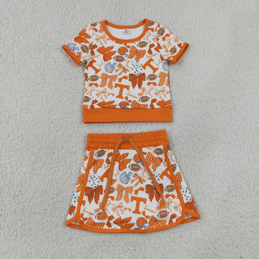 GSD4181 GO TEAM T Football Bows Orange Short Sleeve Skirts Yoga Girls Sets 202606 RTS