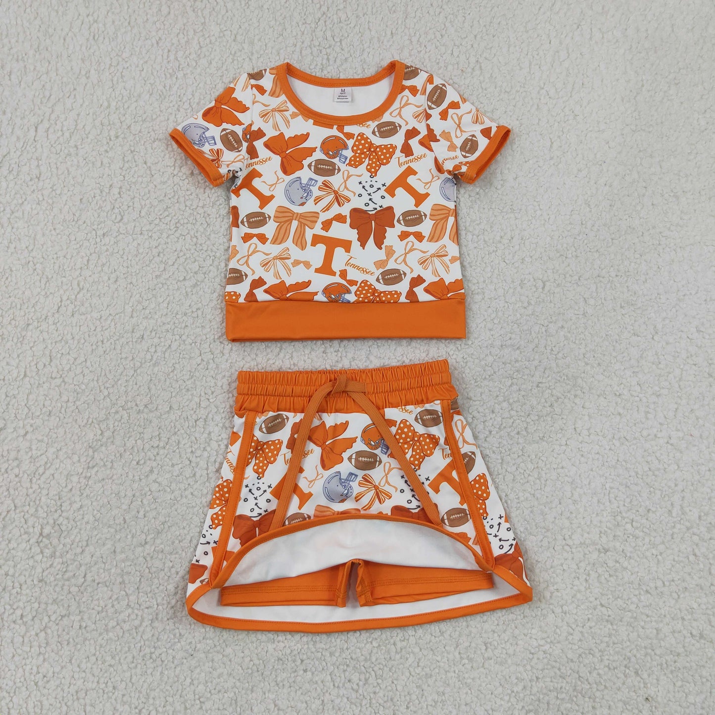GSD4181 GO TEAM T Football Bows Orange Short Sleeve Skirts Yoga Girls Sets 202606 RTS