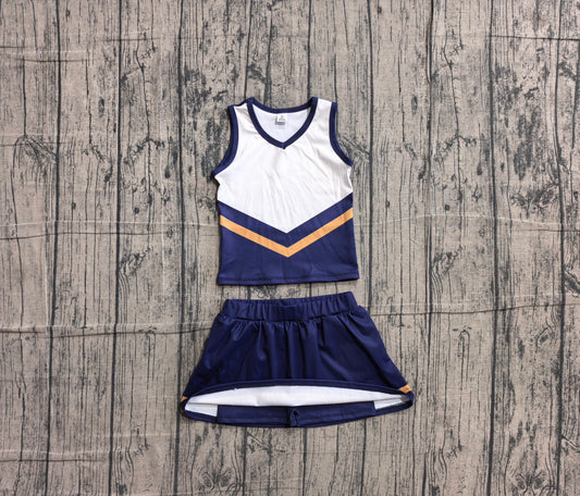 NO MOQ Preorder GSD4189 GO TEAM Stripe Navy Orange White Sleeveless Skirts Yoga Girls Sets 202605