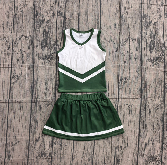 NO MOQ Preorder GSD4191 GO TEAM Stripe Dark Green White Sleeveless Skirts Yoga Girls Sets 202605