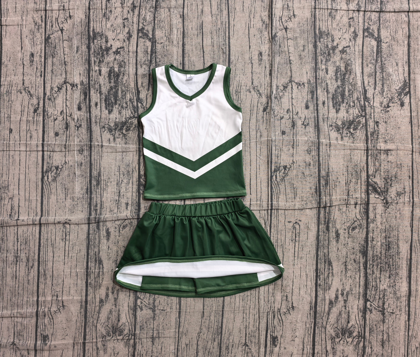 NO MOQ Preorder GSD4191 GO TEAM Stripe Dark Green White Sleeveless Skirts Yoga Girls Sets 202605