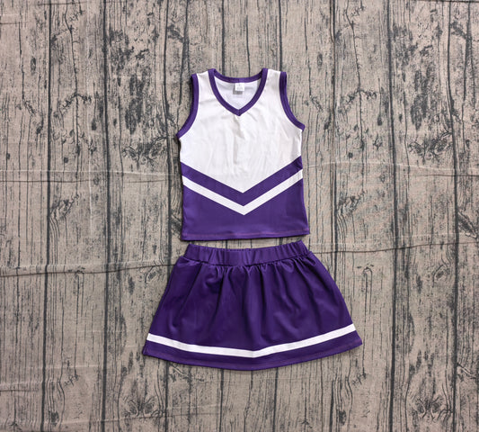 NO MOQ Preorder GSD4192 GO TEAM Stripe Dark Purple White Sleeveless Skirts Yoga Girls Sets 202605