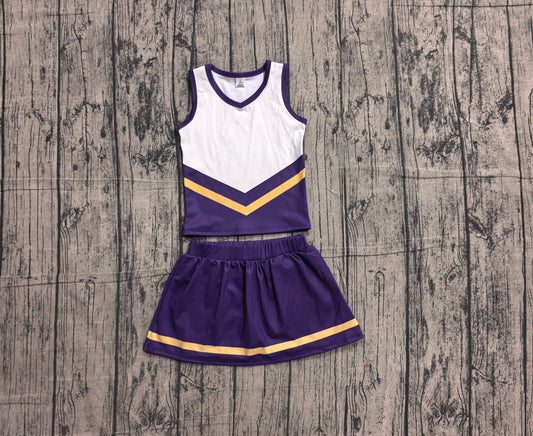 NO MOQ Preorder GSD4193 GO TEAM Stripe Purple Yellow White Sleeveless Skirts Yoga Girls Sets 202605