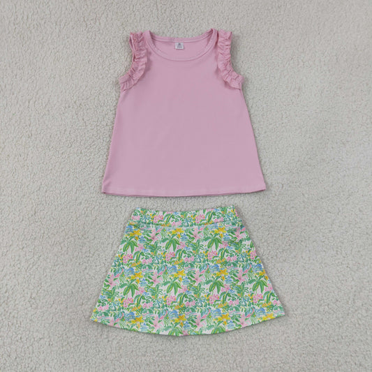 GSD4217 --Shirts GT1701 & Skirts GLK0311 Solid Pink Ruffle Sleeveless Top with Flower Leaf Print Skirts for Girls Yoga Sets 202607 RTS