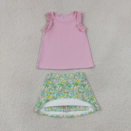 GSD4217 --Shirts GT1701 & Skirts GLK0311 Solid Pink Ruffle Sleeveless Top with Flower Leaf Print Skirts for Girls Yoga Sets 202607 RTS