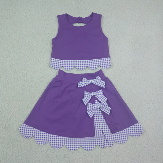 GSD4225 Purple Plaid Bows Scalloped Sleeveless Top with Skirts for Girls Yoga Sets 202607 RTS