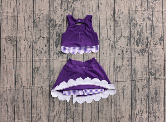 NO MOQ preorder GSD4225 Purple Plaid Bows Scalloped Sleeveless Top with Skirts for Girls Yoga Sets 202605