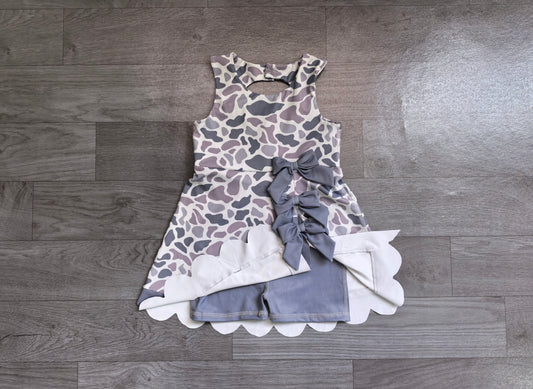 NO MOQ Preorder GSD4226 Gray Bows Camo Scalloped Sleeveless Yoga Dresses for Girls 202607