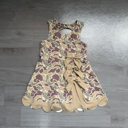 NO MOQ Preorder GSD4228 Khaki Bows Scalloped Camouflage Sleeveless Yoga Dresses for Girls 202607