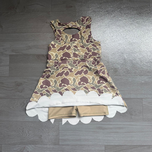 NO MOQ Preorder GSD4228 Khaki Bows Scalloped Camouflage Sleeveless Yoga Dresses for Girls 202607