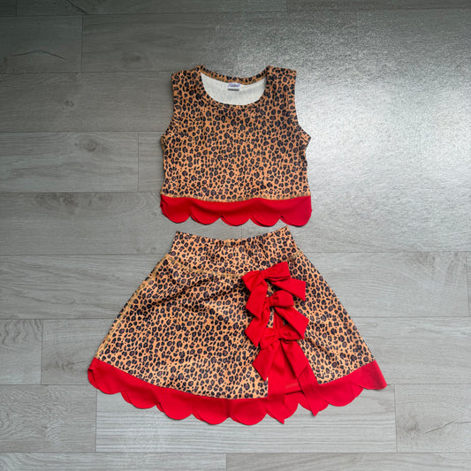 NO MOQ preorder GSD4234 Brown Leopard Red Bows Scalloped Sleeveless Skirts for Girls Yoga Sets 202607