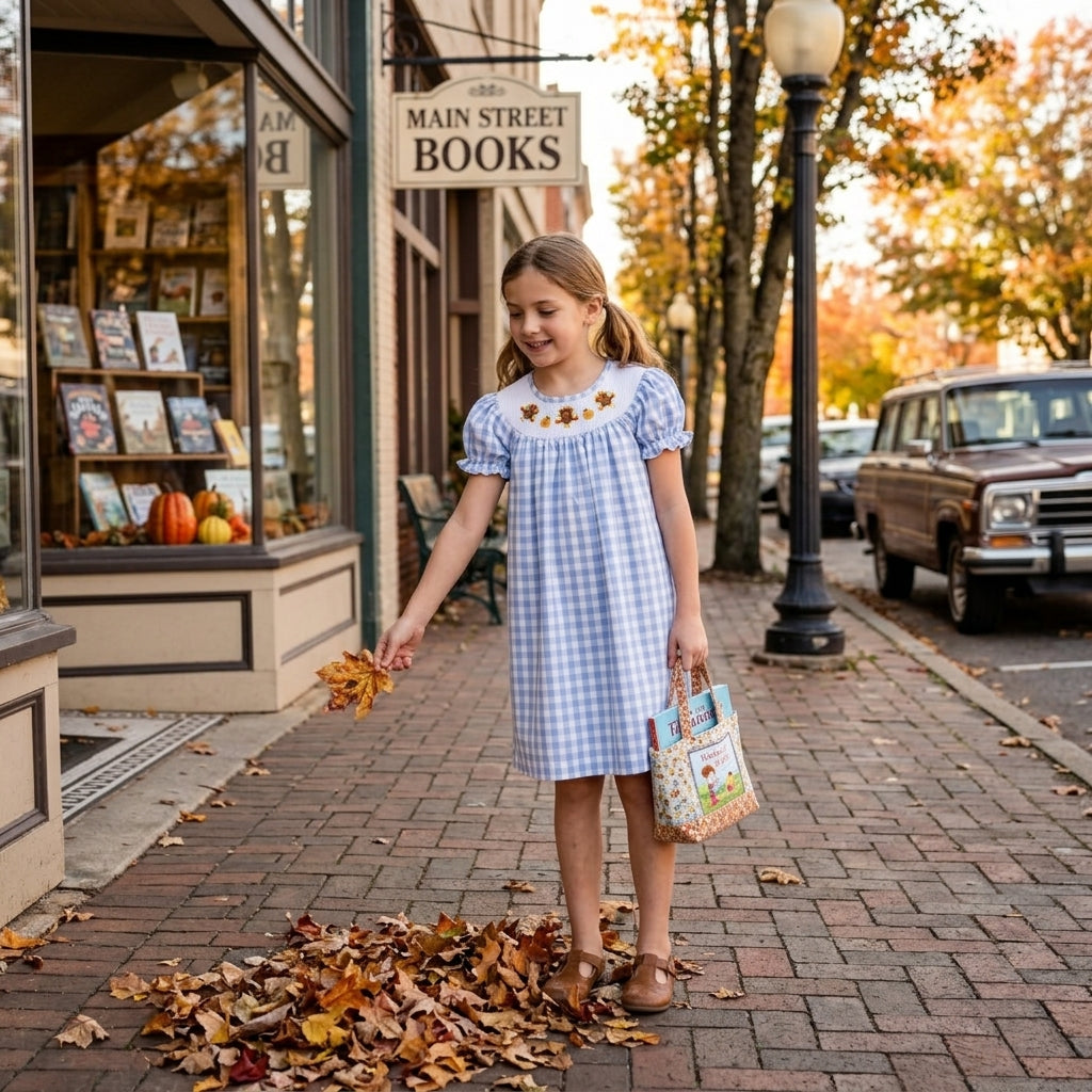 GSD4250 Smocked Thanksgiving Day Turkey Pumpkin Plaid Girl's Dress