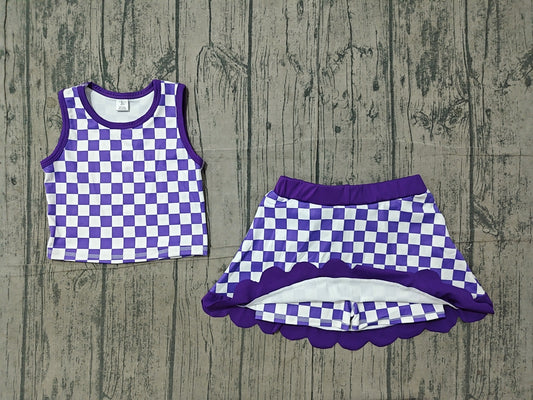 NO MOQ preorder GSD4251 Solid Purple Plaid Wave Ruffle Sleeveless Top with Skirts for Girls Yoga Sets 202606
