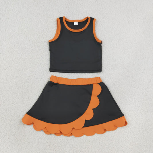 GSD4259 Orange Scalloped Black Sleeveless Skirts for Girls Yoga Sets 202608 RTS