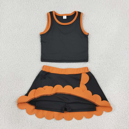 GSD4259 Orange Scalloped Black Sleeveless Skirts for Girls Yoga Sets 202608 RTS