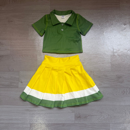 NO MOQ preorder GSD4261 GO TEAM Solid Dark Green Polo Short Sleeve Top with Pleated Skirts for Girls Yoga Sets 202607
