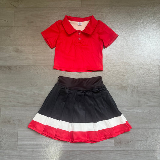 NO MOQ preorder GSD4262 GO TEAM Solid Red Polo Short Sleeve Top with Pleated Skirts for Girls Yoga Sets 202607