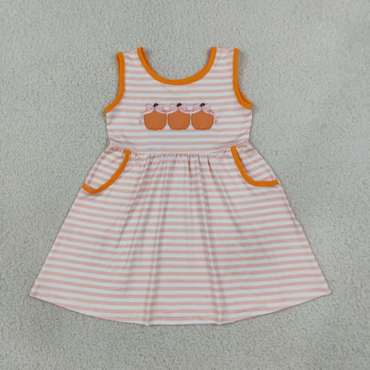 GSD4265 Embroidery Fall Pumpkin Bows Stripe Pink Girl's Dress 202609 RTS