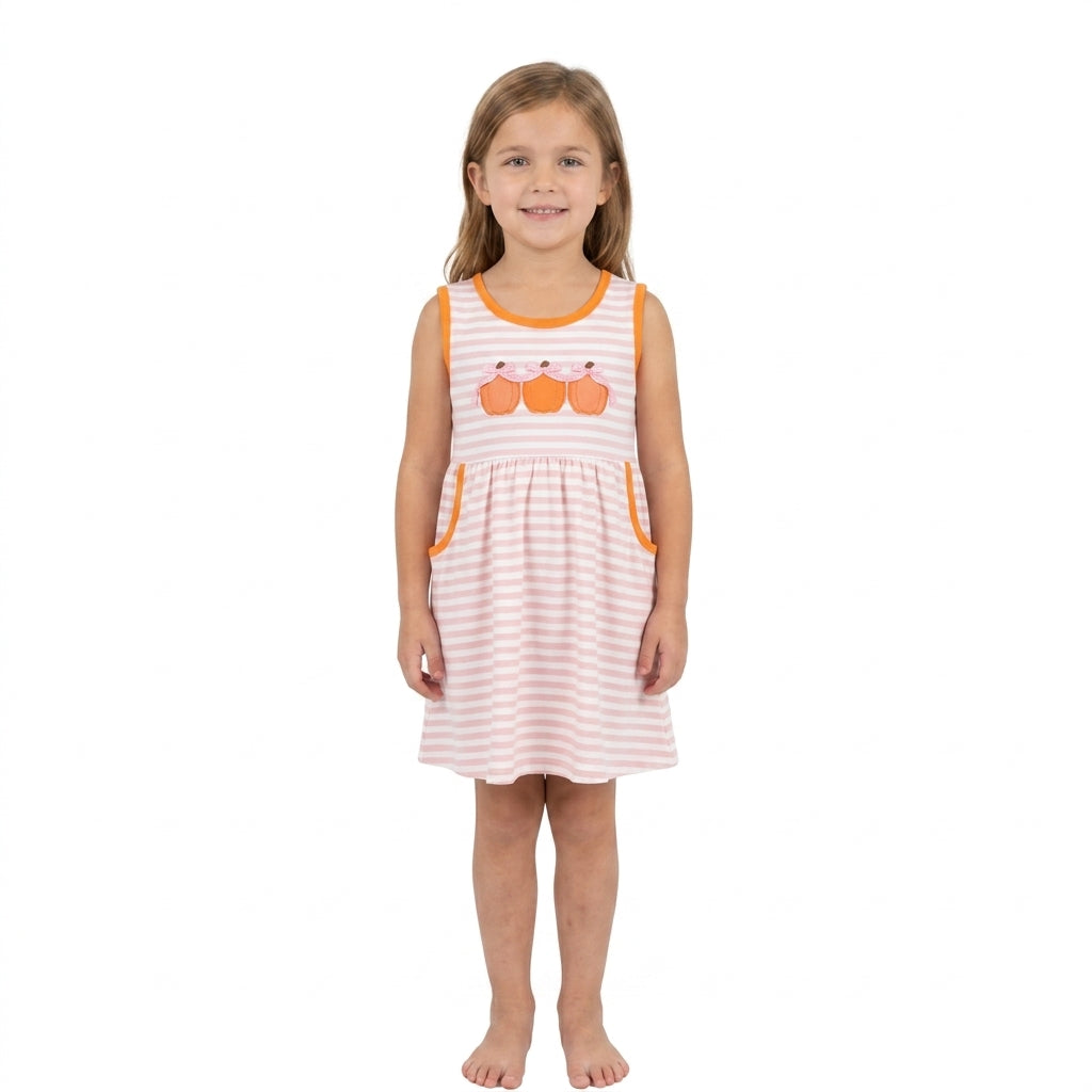 GSD4265 Embroidery Fall Pumpkin Bows Stripe Pink Girl's Dress 202609 RTS