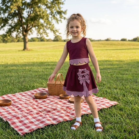 GSD4266 Red Plaid Bows Scallop Edge Yoga Girls Skorts Set 202609 RTS