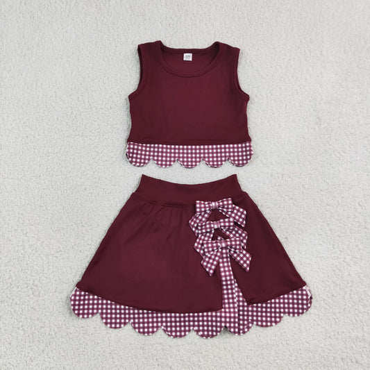 GSD4266 Red Plaid Bows Scallop Edge Yoga Girls Skorts Set 202609 RTS