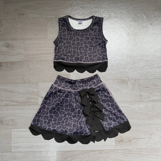 NO MOQ preorder GSD4268 Gray Black Leopard Bows Scalloped Sleeveless Skirts for Girls Yoga Sets 202607