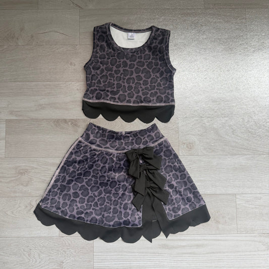 NO MOQ preorder GSD4268 Gray Black Leopard Bows Scalloped Sleeveless Skirts for Girls Yoga Sets 202607