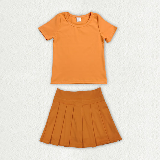 GSD4270 Solid Orange Short Sleeve Top with Pleated Skirts for Girls Yoga Sets 202607 RTS