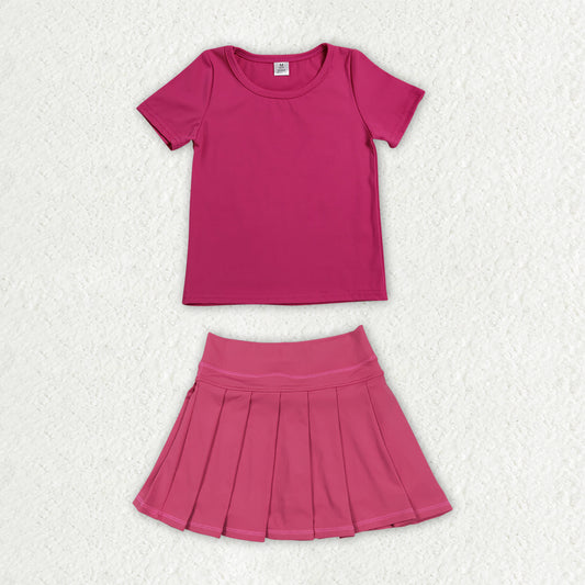 GSD4272 Solid Rose Red Short Sleeve Top with Pleated Skirts for Girls Yoga Sets 202607 RTS