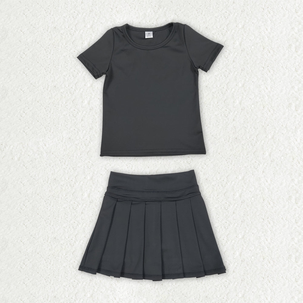 GSD4274 Solid Black Short Sleeve Top with Pleated Skirts for Girls Yoga Sets 202607 RTS