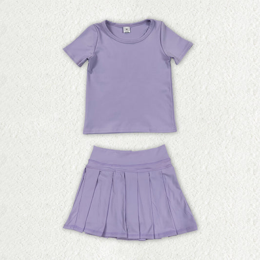 GSD4275 Solid Purple Short Sleeve Top with Pleated Skirts for Girls Yoga Sets 202607 RTS