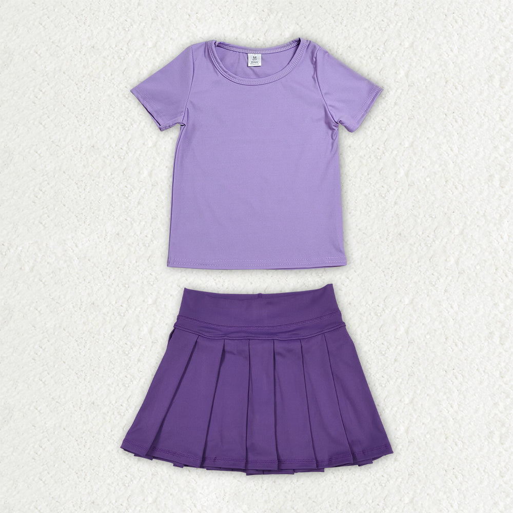 GSD4276 Solid Purple Short Sleeve Top with Pleated Skirts for Girls Yoga Sets 202607 RTS