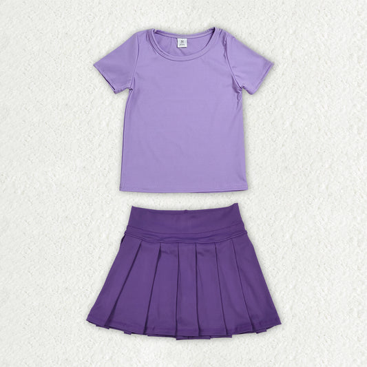 GSD4276 Solid Purple Short Sleeve Top with Pleated Skirts for Girls Yoga Sets 202607 RTS