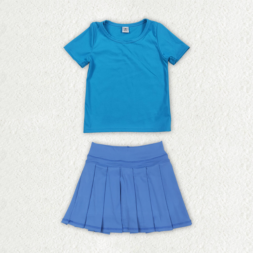 GSD4277 Solid Blue Short Sleeve Top with Pleated Skirts for Girls Yoga Sets 202607 RTS