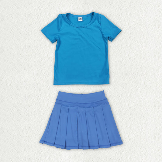 GSD4277 Solid Blue Short Sleeve Top with Pleated Skirts for Girls Yoga Sets 202607 RTS