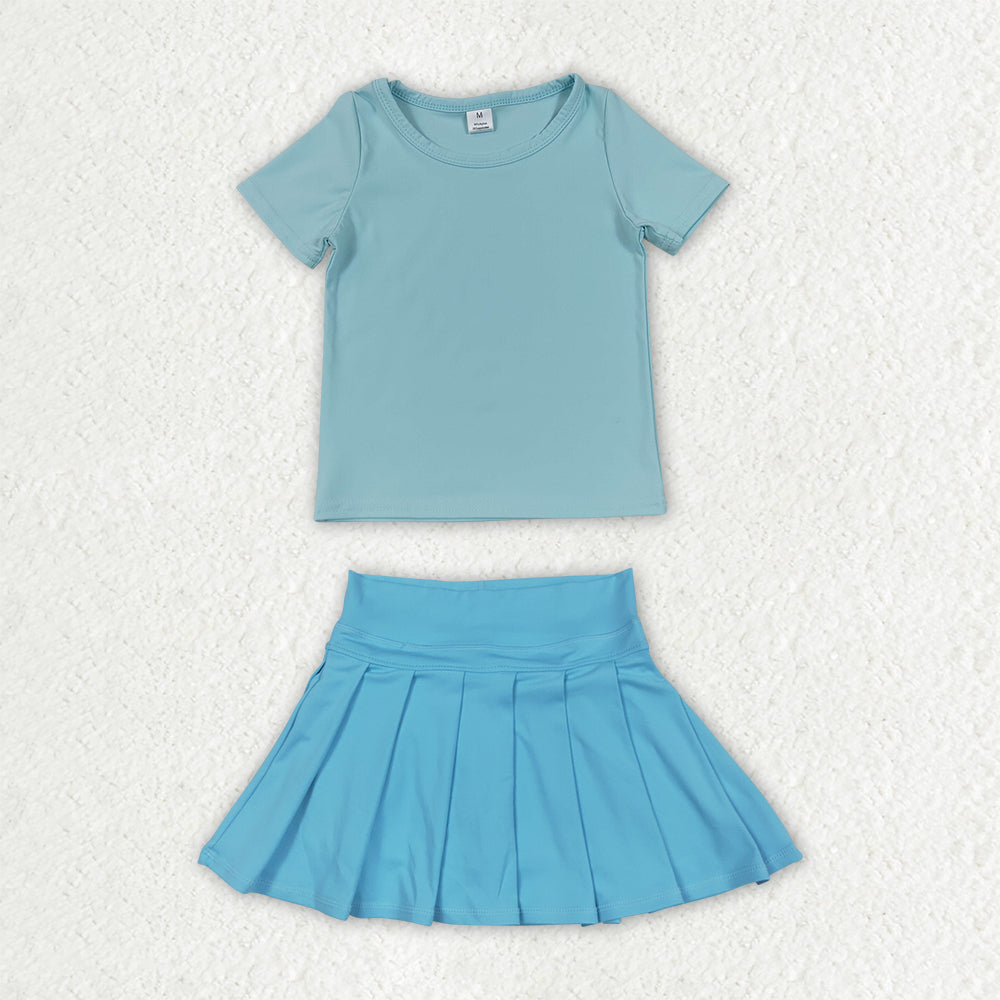 GSD4278 Solid Blue Short Sleeve Top with Pleated Skirts for Girls Yoga Sets 202607 RTS