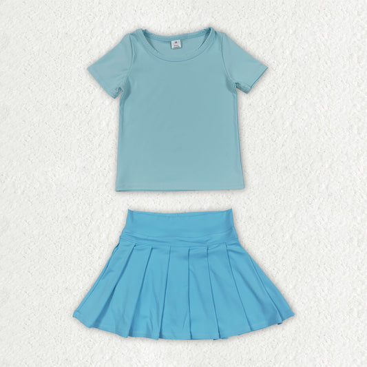 GSD4278 Solid Blue Short Sleeve Top with Pleated Skirts for Girls Yoga Sets 202607 RTS