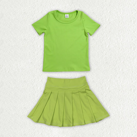 GSD4279 Solid Green Short Sleeve Top with Pleated Skirts for Girls Yoga Sets 202607 RTS