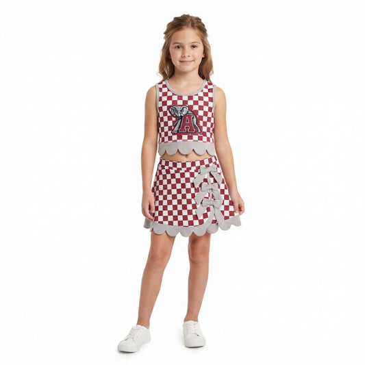 GSD4284 Mascot School Team Plaid Gray Bows Scallop Edge Yoga Girls Skorts Set