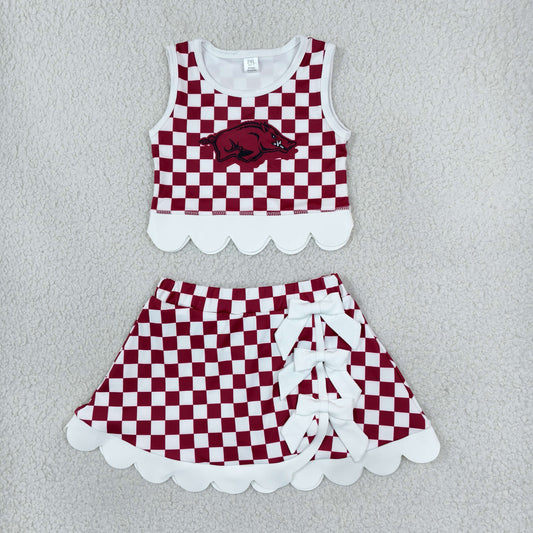 GSD4286 Mascot School Team Dark Red Plaid Bows Scallop Edge Yoga Girls Skorts Set