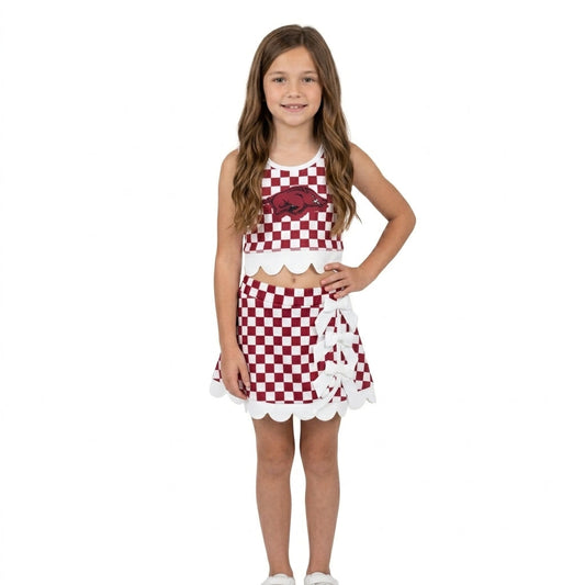 GSD4286 Mascot School Team Dark Red Plaid Bows Scallop Edge Yoga Girls Skorts Set